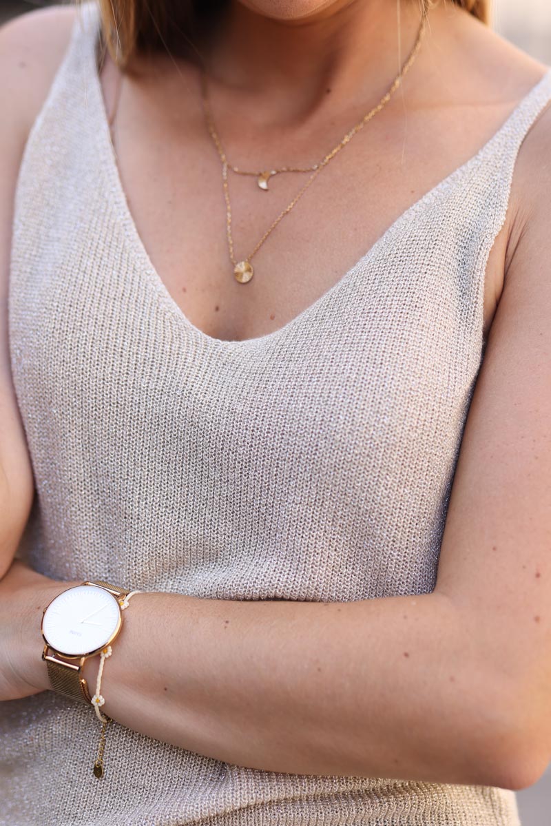 Beige fine knit lurex tank top