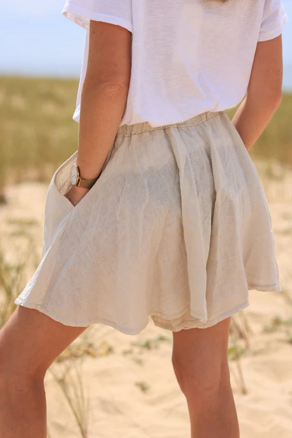 Beige floaty linen shorts with elasticated waistband