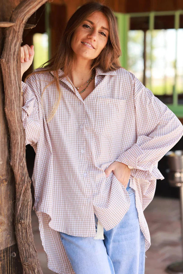 Beige Gingham Slouchy Button-Down Blouse