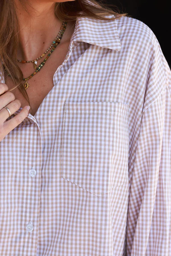 Beige Gingham Slouchy Button-Down Blouse