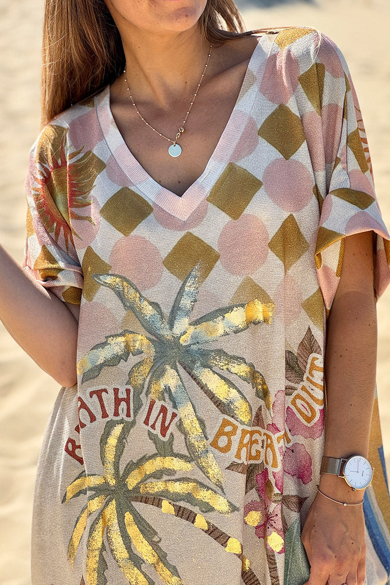 Beige Glitter Knit “Breathe In, Breathe Out” Caftan