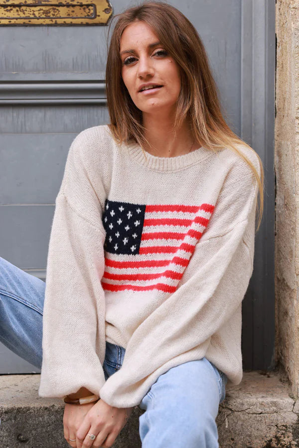 Beige American Flag Intarsia Knit Sweater