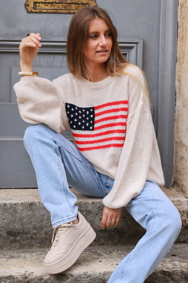 Beige American Flag Intarsia Knit Sweater