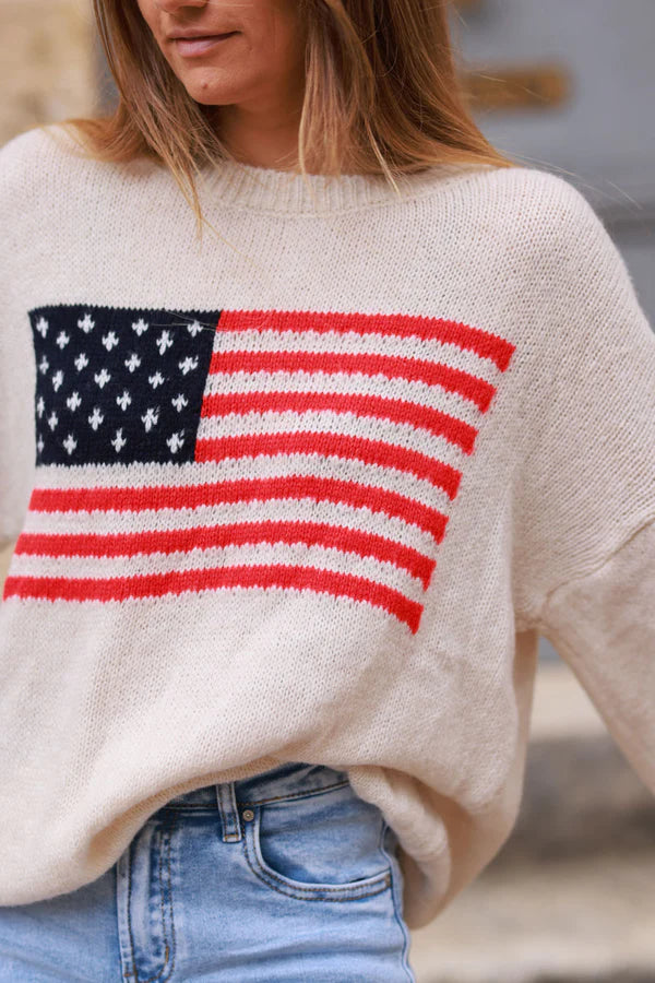 Beige American Flag Intarsia Knit Sweater