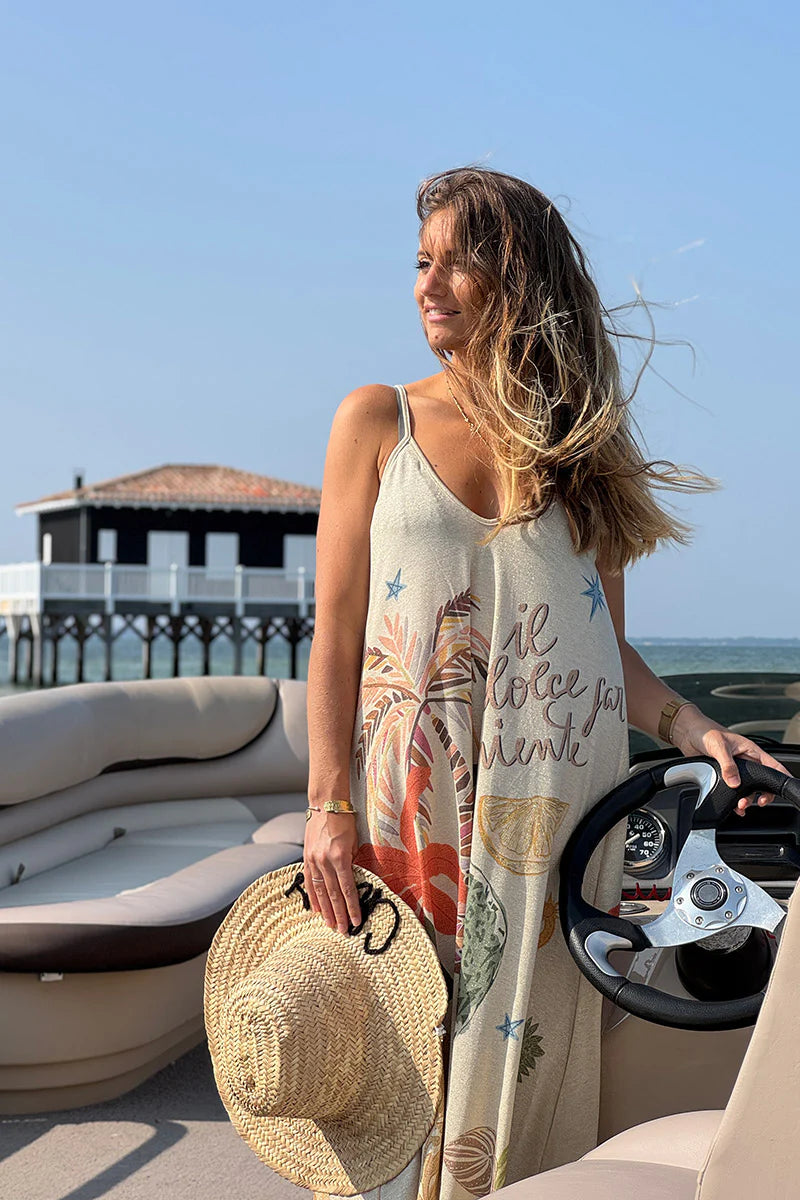 Beige “Il Dolce Far Niente” Sparkle Knit Maxi Dress