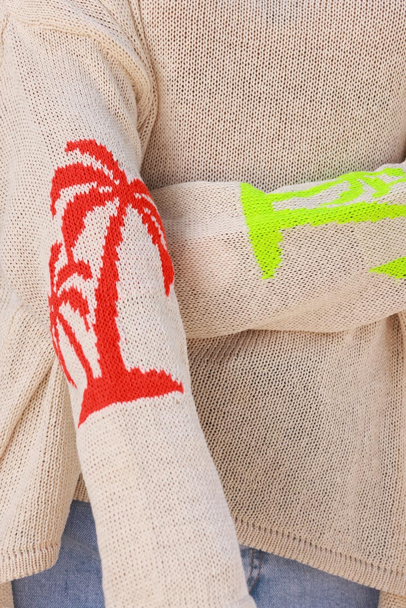 Beige Intarsia Knit Pink Palm Sweater