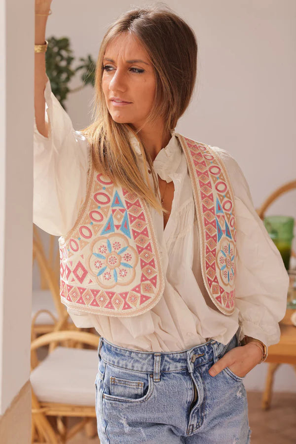 Beige Jean Waistcoat With Pink Emboridered and Sequin Aztec Print