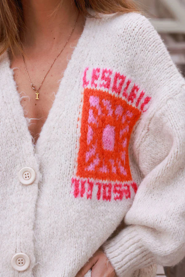 Beige Knit “Le Soleil” Cardigan Sweater