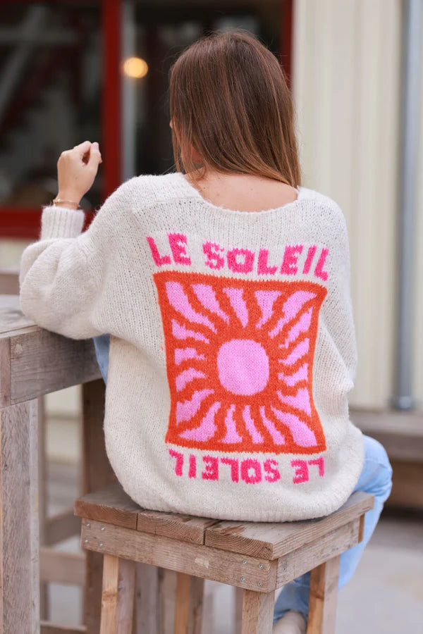 Beige Knit “Le Soleil” Cardigan Sweater