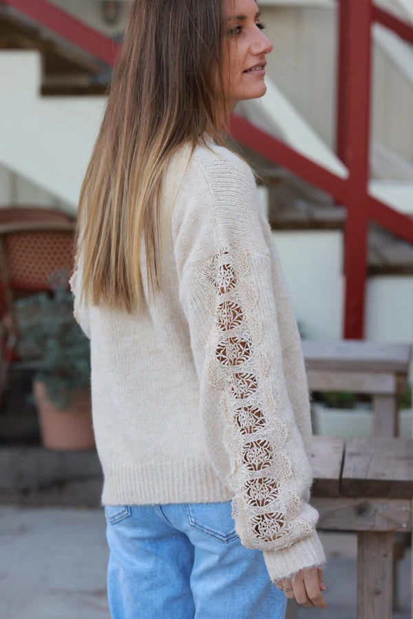 Beige Lace Sleeve Knit Sweater