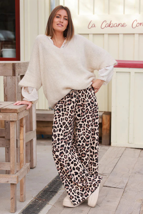 Beige Leopard Print Wide-Leg Drawstring Pants