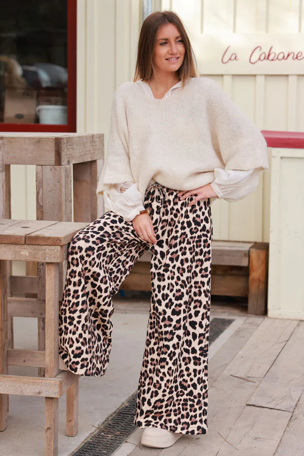 Beige Leopard Print Wide-Leg Drawstring Pants