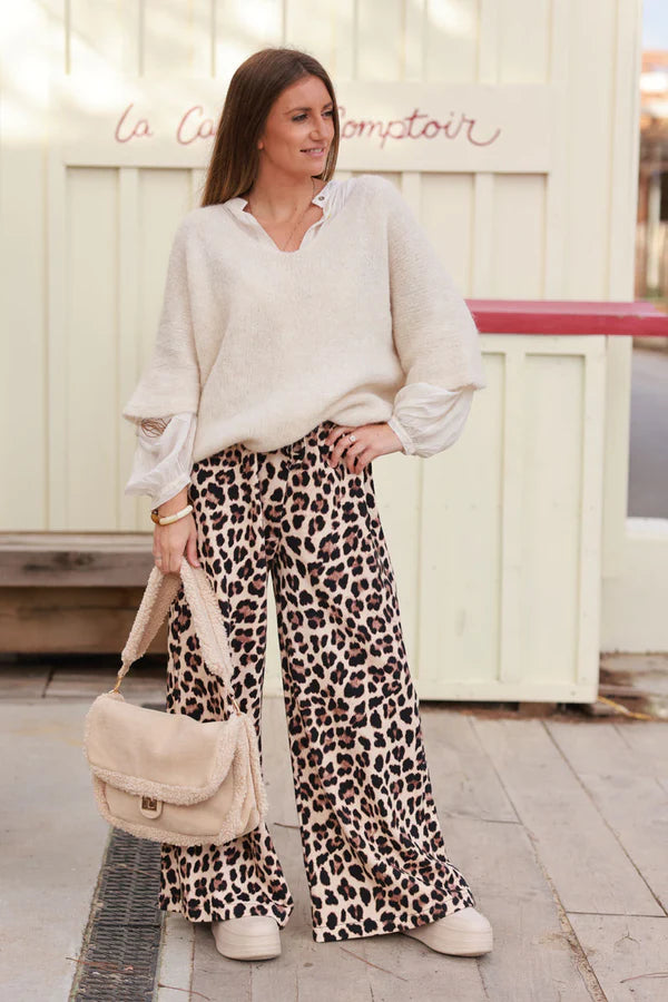 Beige Leopard Print Wide-Leg Drawstring Pants