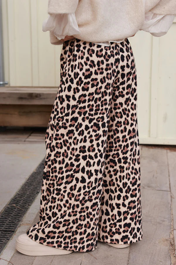 Beige Leopard Print Wide-Leg Drawstring Pants