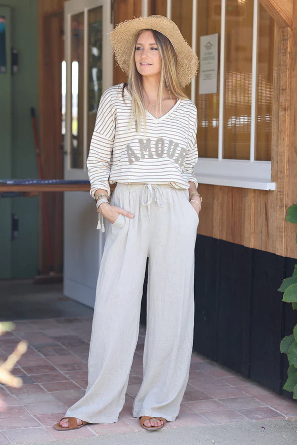 Beige Lightweight Cotton Wide Leg Pants