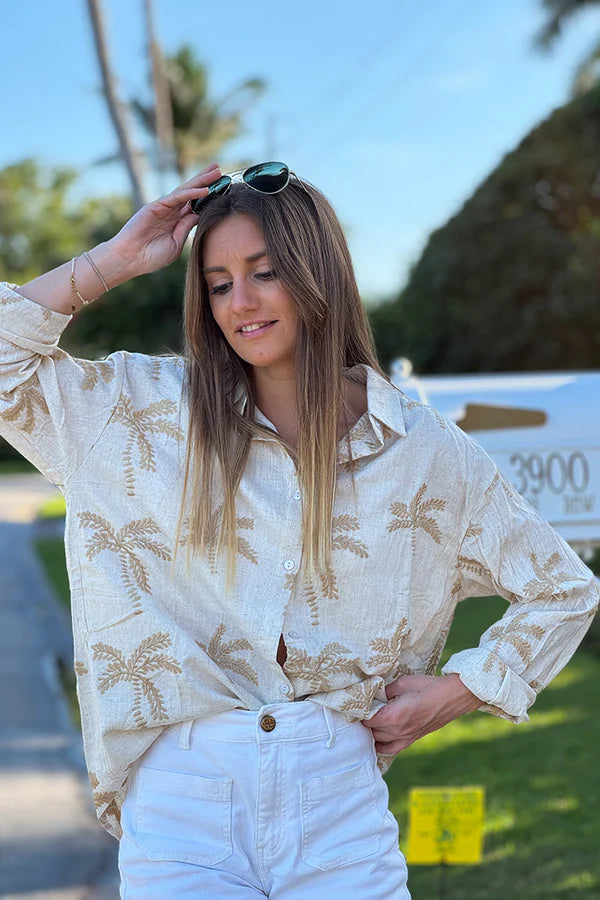 Beige Linen Embroidered Palm Button-Down