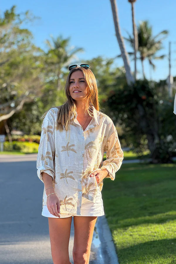 Beige Linen Embroidered Palm Button-Down