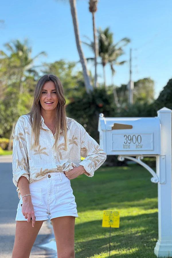 Beige Linen Embroidered Palm Button-Down