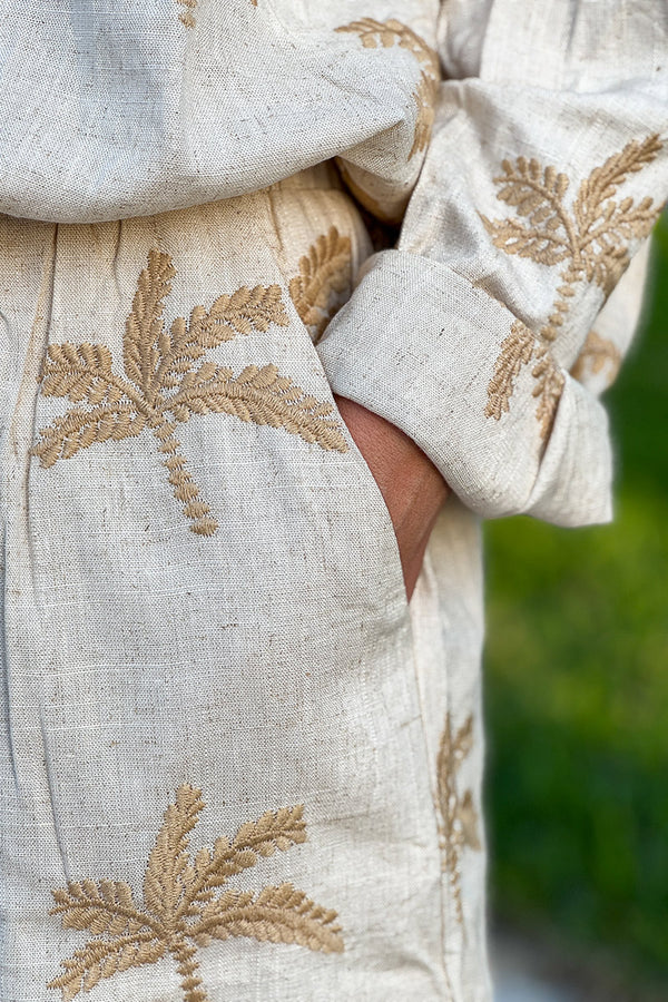 Beige Linen Embroidered Palm Wide Leg Pants