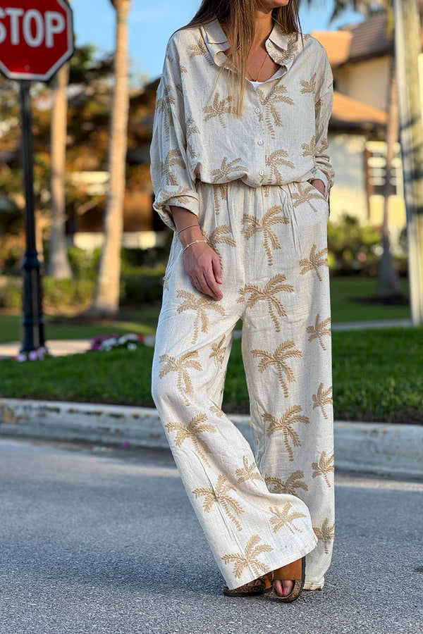 Beige Linen Embroidered Palm Wide Leg Pants