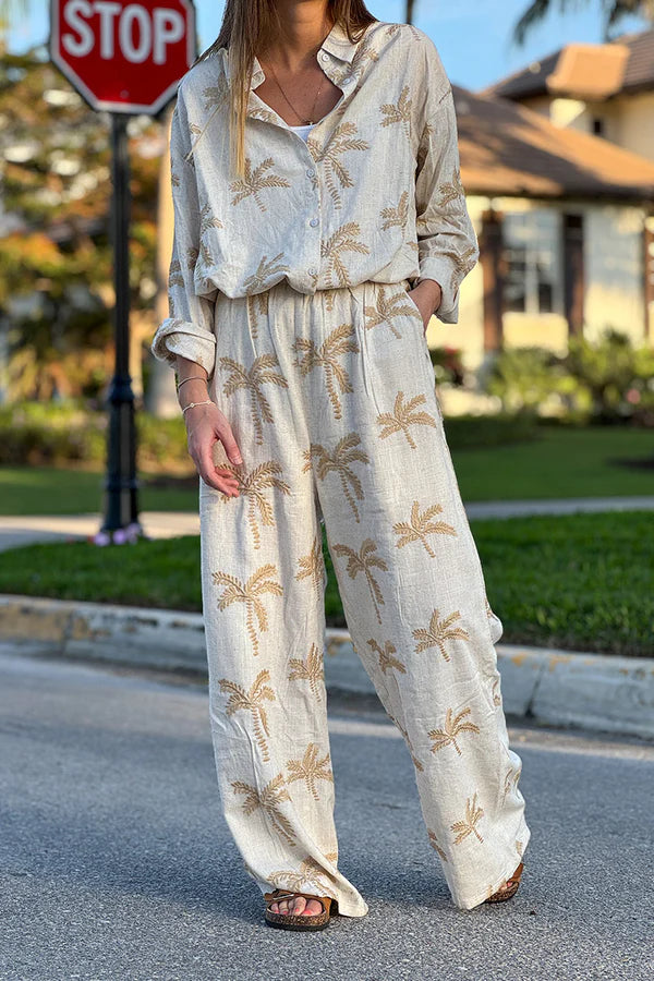 Beige Linen Embroidered Palm Wide Leg Pants