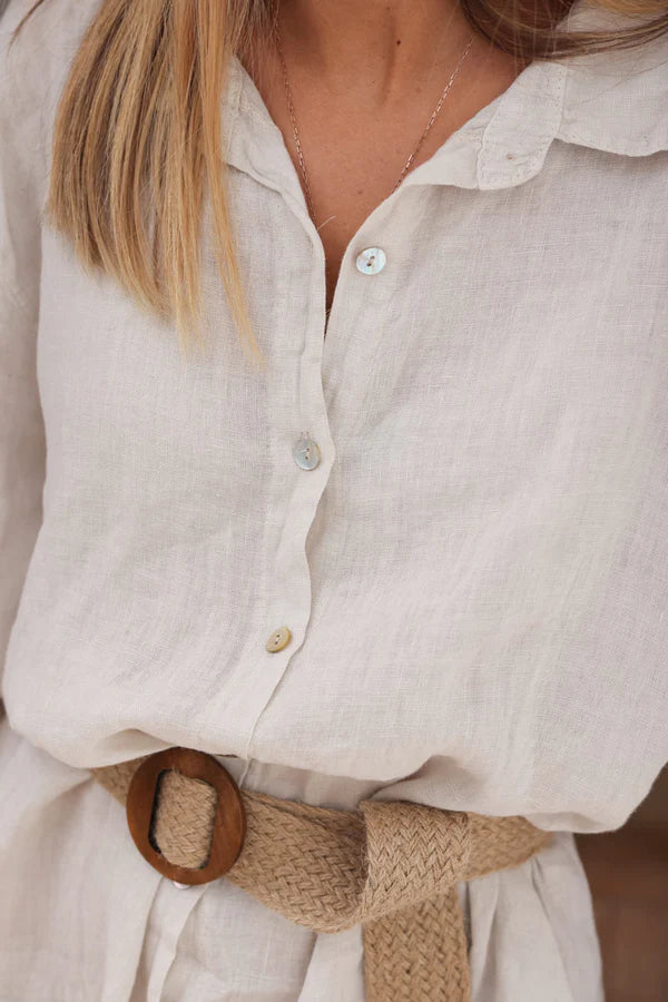 Beige linen shirt dress with mother of pearl buttons and pockets