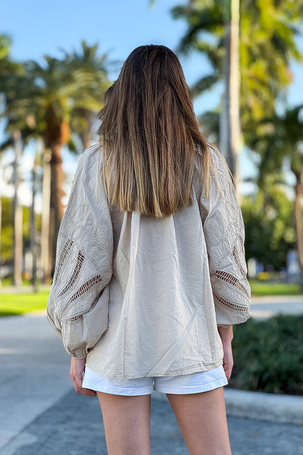 Beige Lotus Sleeve Poplin Blouse