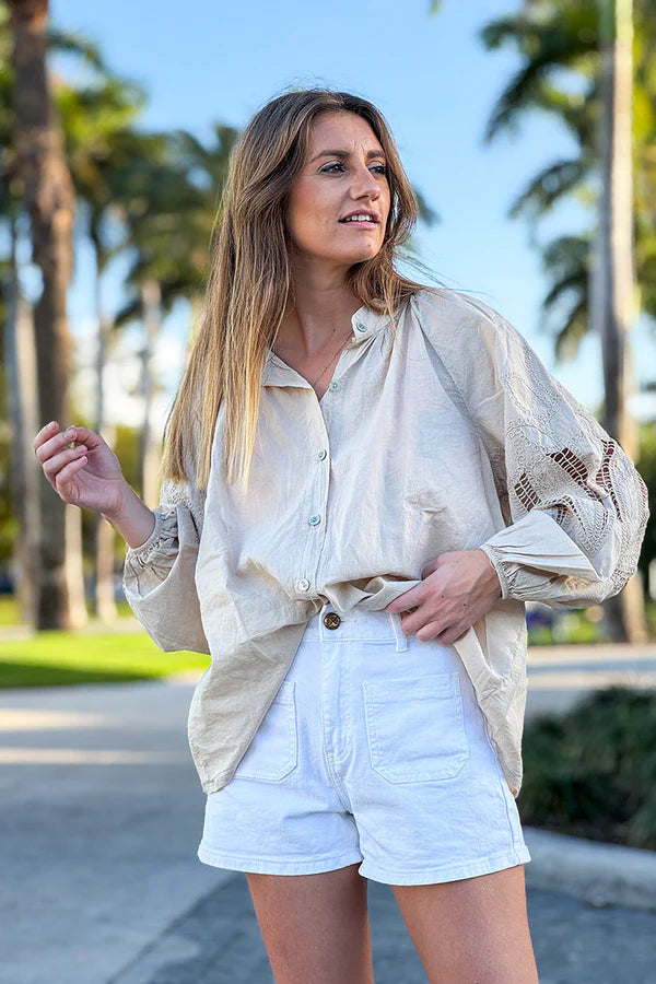 Beige Lotus Sleeve Poplin Blouse