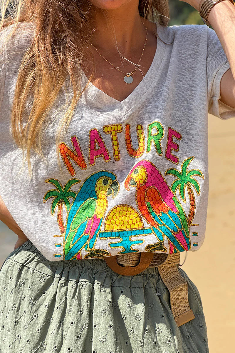 Beige Nature Lovers Parrot Print Slub Knit Tee