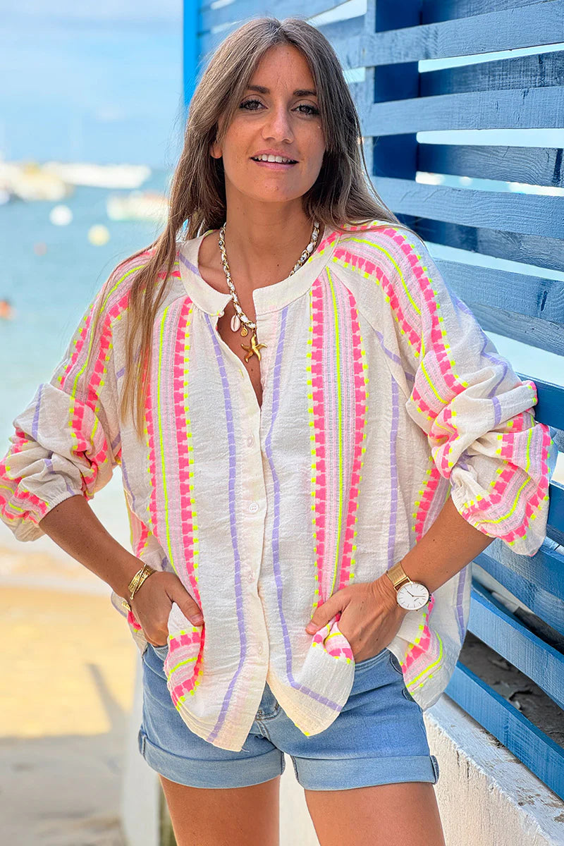 Beige Neon Blanket Stitch Blouse
