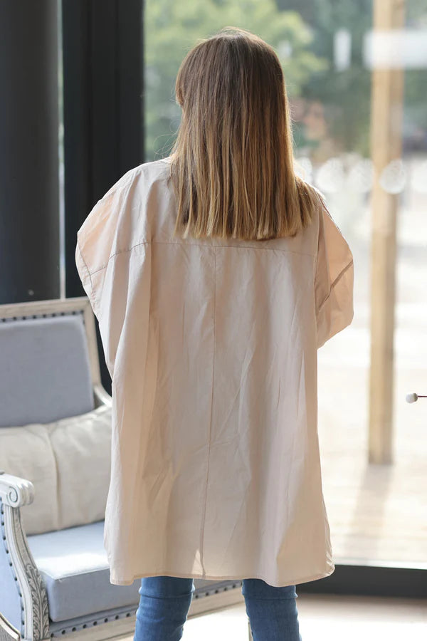 Beige oversized cotton shirt with batwing sleeves