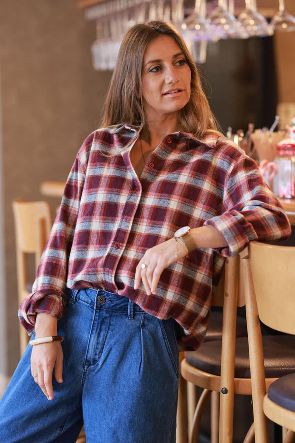 Beige and Pink Plaid Button-Down Shirt