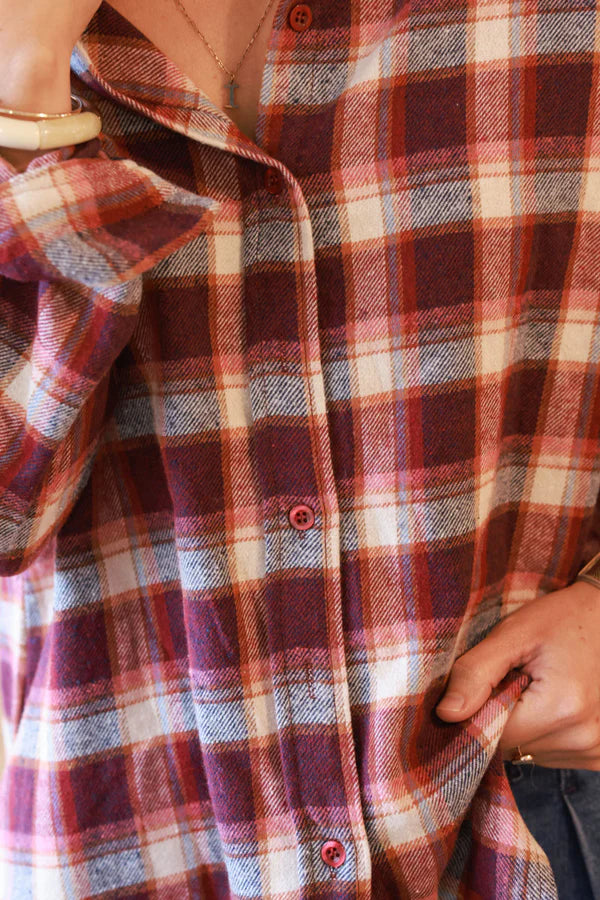 Beige and Pink Plaid Button-Down Shirt