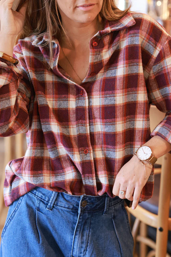 Beige and Pink Plaid Button-Down Shirt