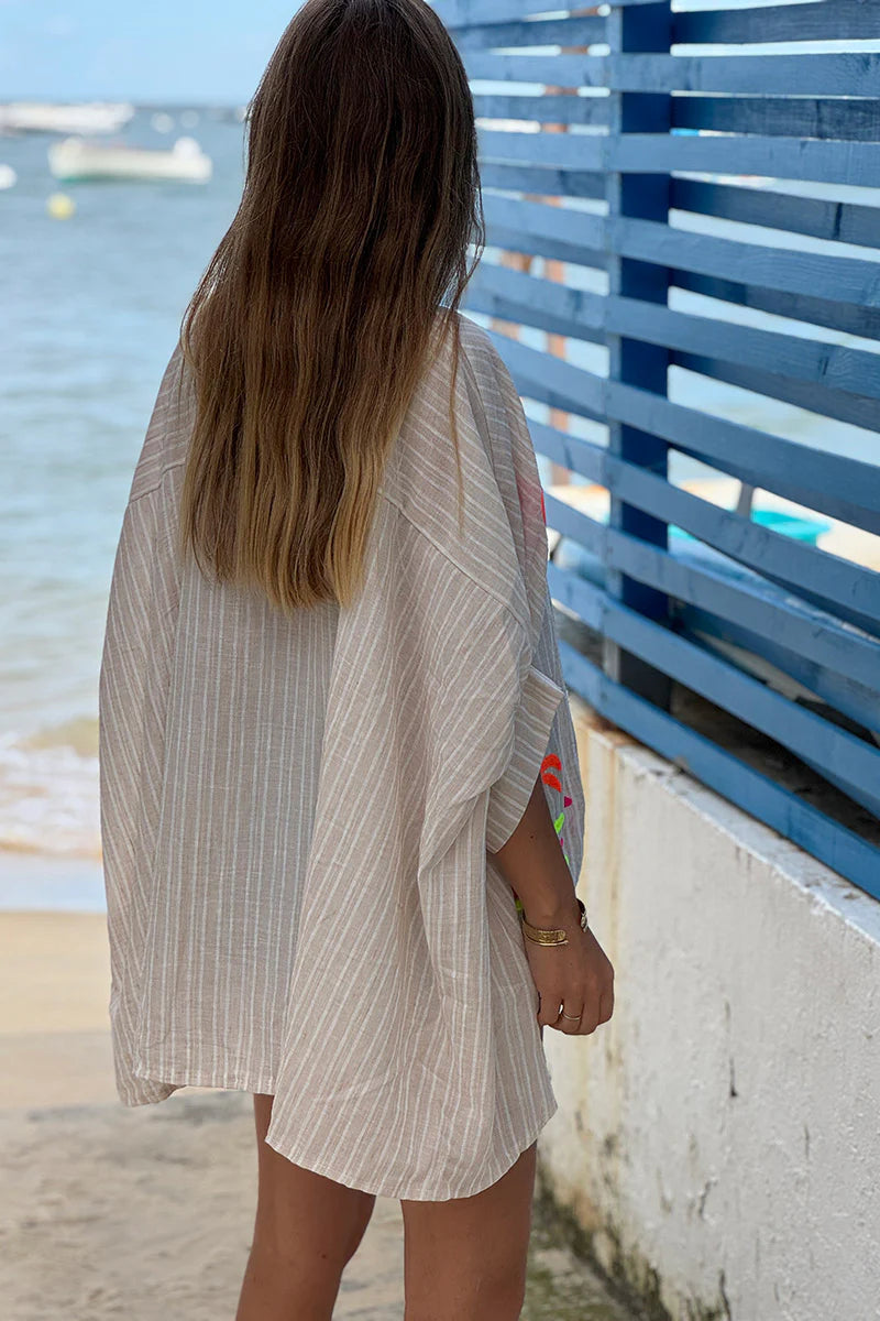 Beige Pinstripe Neon Applique Beach Blouse