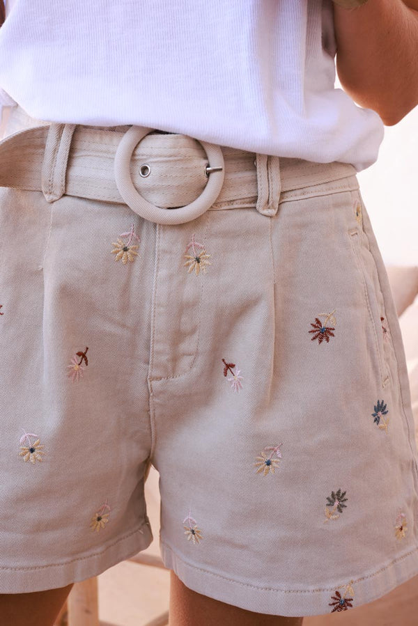 Beige Embroidered Floral Belted Shorts