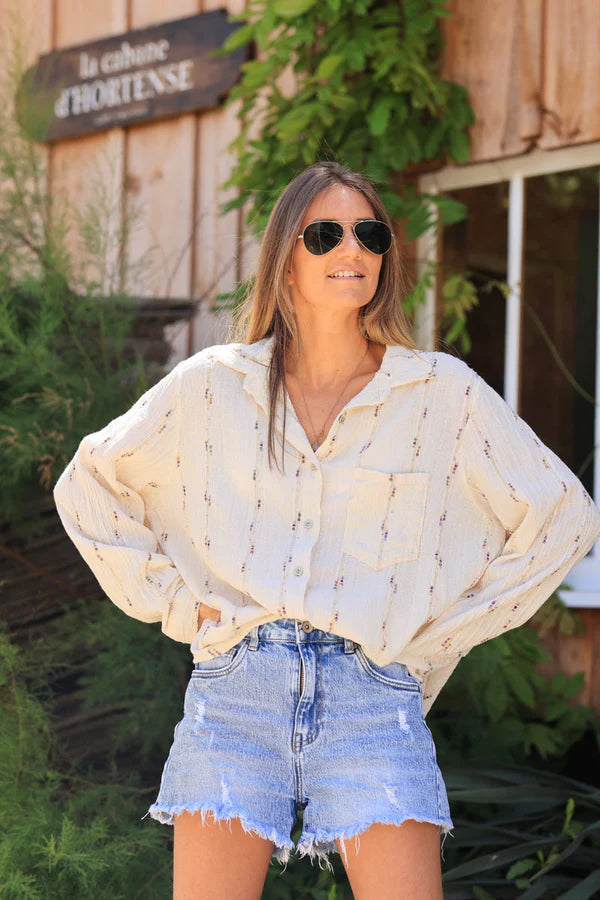 Beige shirt with coloured and gold metallic threads