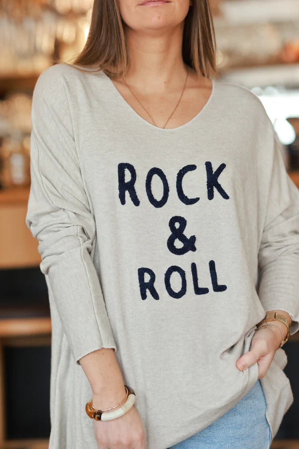 Beige Slub Knit “Rock & Roll” Long Sleeve Tee