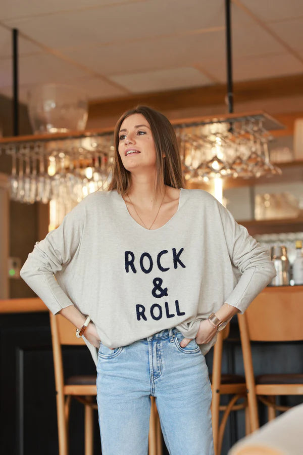 Beige Slub Knit “Rock & Roll” Long Sleeve Tee