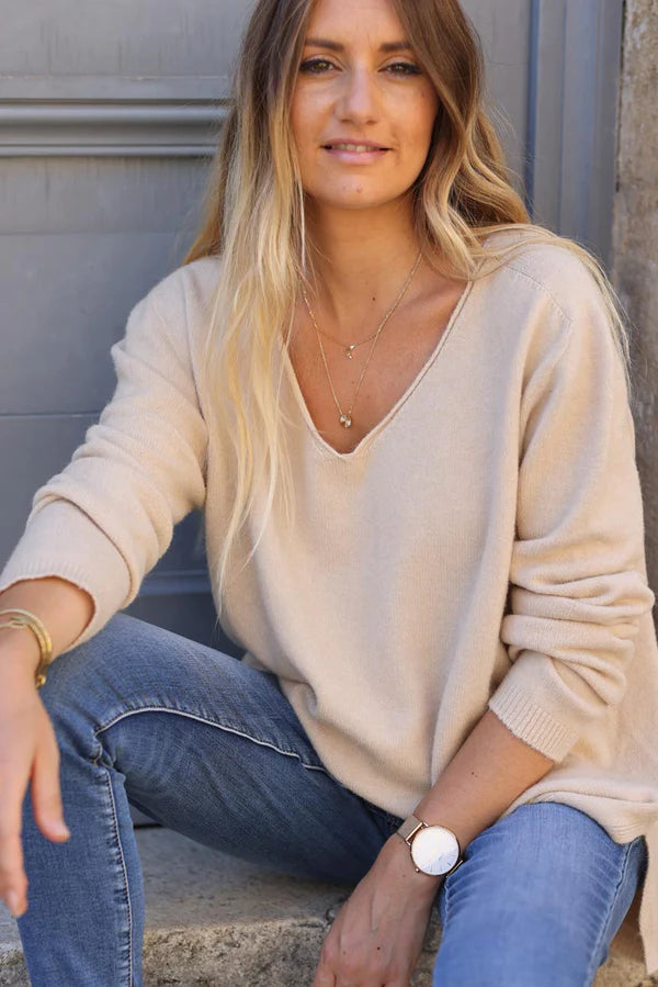 Beige Soft Basic V-neck Sweater