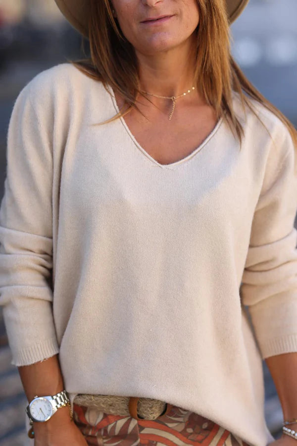 Beige Soft Basic V-neck Sweater