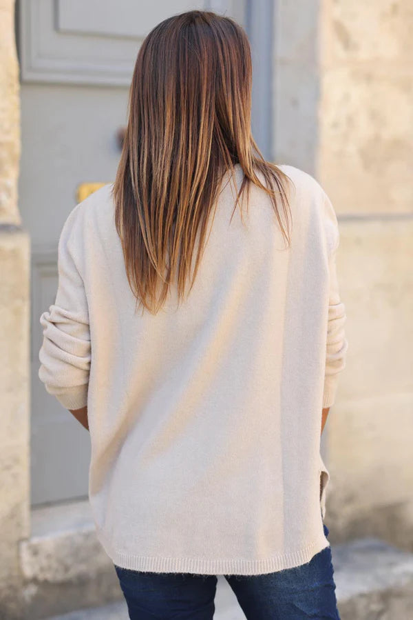 Beige Soft Basic V-neck Sweater