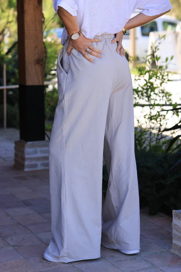 Beige Stretch Cotton Wide Leg Flared Sweatpants