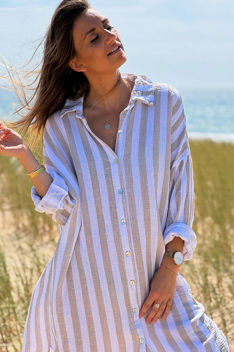 Beige Stripe Gauze Shirt Dress