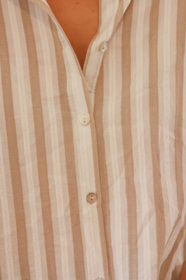 Beige Stripe Slouchy Cotton Button-Down Shirt