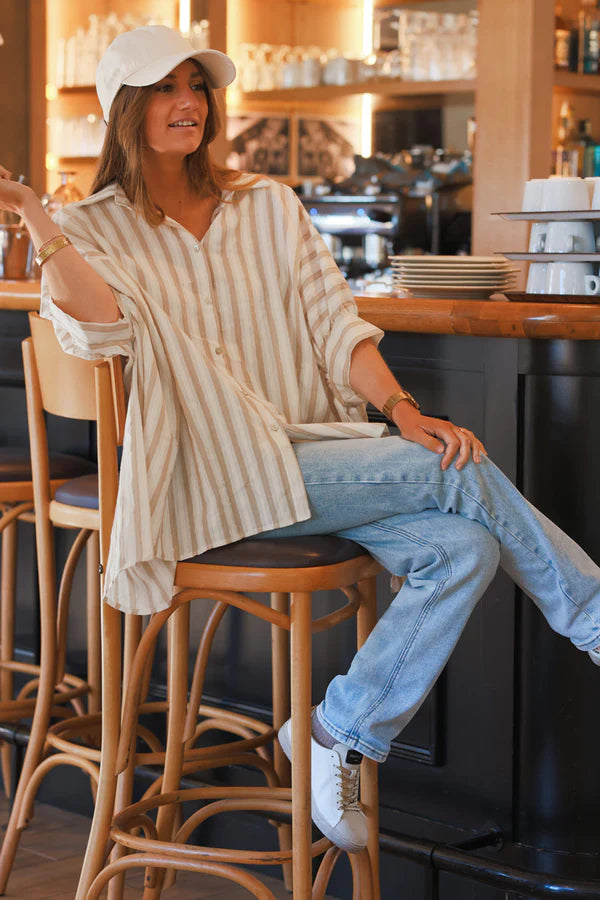 Beige Stripe Slouchy Cotton Button-Down Shirt