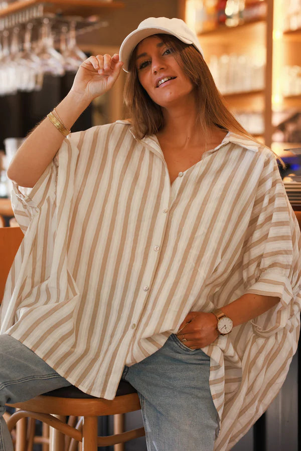 Beige Stripe Slouchy Cotton Button-Down Shirt