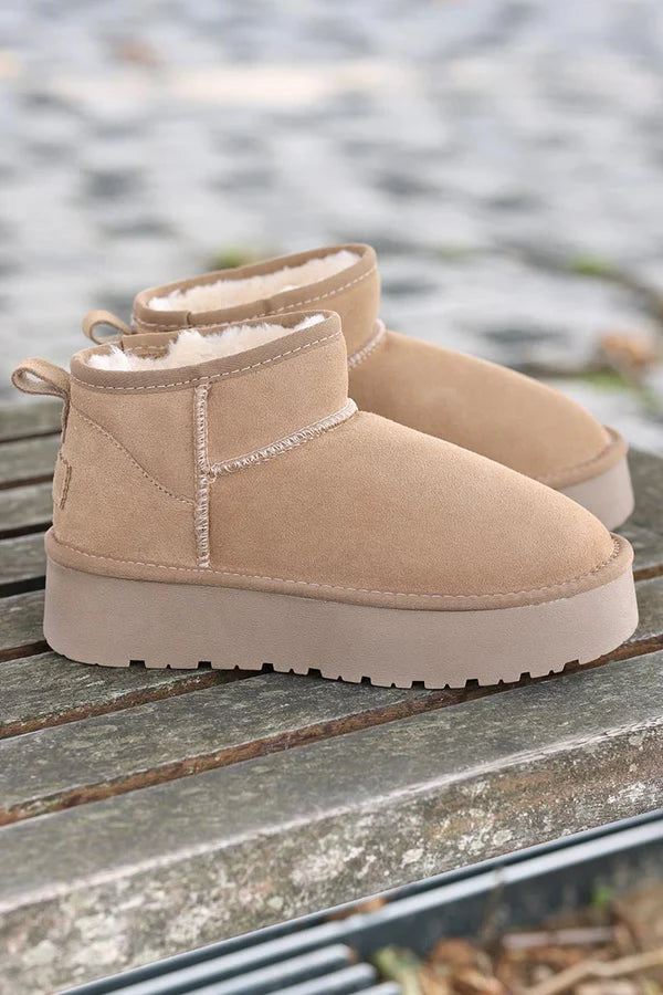 Beige suede leather flatform comfort ankle boots