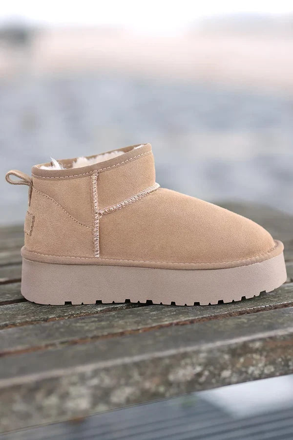 Beige suede leather flatform comfort ankle boots