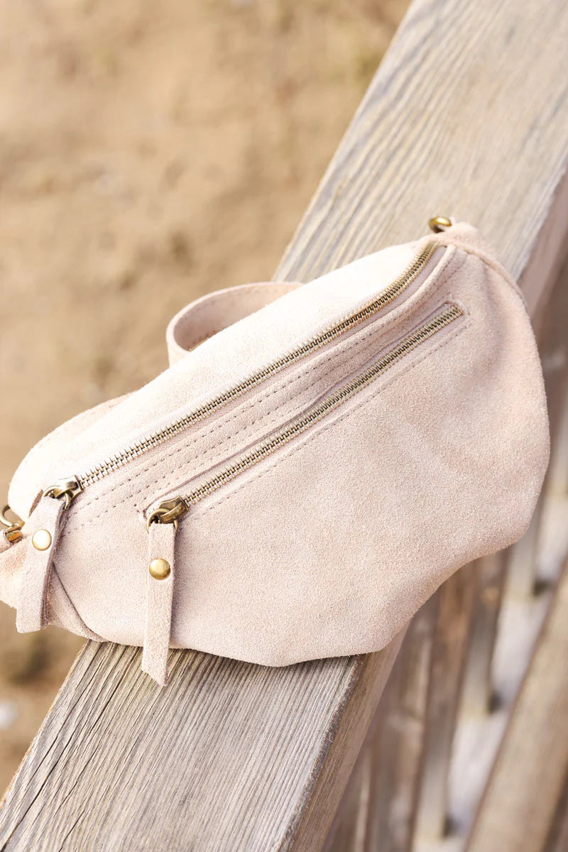 Beige suede leather shoulder bag with double zipped pockets